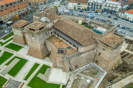 Aerial panorama view of the Adriatic beach town Rimini in the winter with the ancient Tiberius bridge, Sismondo Malatesta castle and Gothic  city hallのeditorial素材