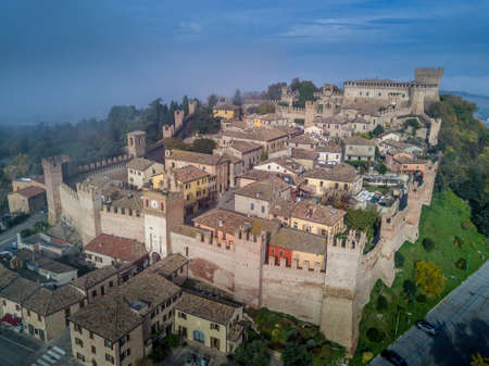 Aerial view of the walled town and castle of Gradara in Marche Italy popular tourist destination of...