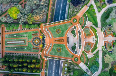 Aerial view of the colorful, magnificent Bahai garden on the hills of the Carmel in Haifa Israel,...