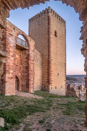 Molina de Aragon classic medieval Spanish ruined castle aerial panorama view at sunset close to Guadalajara Spainのeditorial素材