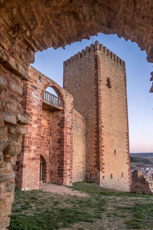 Molina de Aragon classic medieval Spanish ruined castle aerial panorama view at sunset close to Guadalajara Spainのeditorial素材