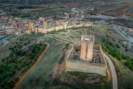 Molina de Aragon classic medieval Spanish ruined castle aerial panorama view at sunset close to Guadalajara Spainのeditorial素材