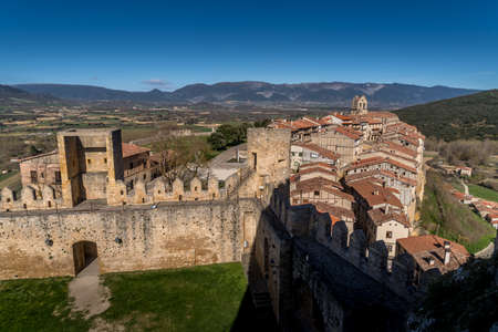 Frias aerial panorama of the medieval village with a castle and fortified bridge near Burgos in Castile and Leon Spainのeditorial素材