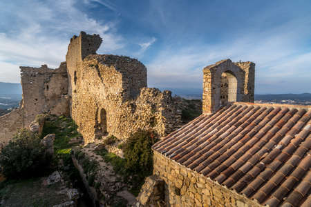Aerial view of Palafolls castle medieval ruined stronghold between Girona and Barcelona on the Costa Brava an example how graffiti can ruin a cultural heritage siteのeditorial素材