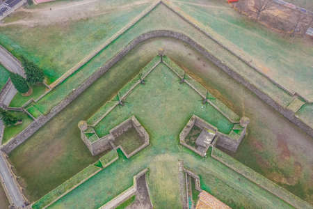 Aerial view of Jaca fortress a star shaped military base with pointed bastions protecting a pass in...