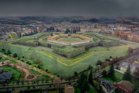 Aerial view of Jaca fortress a star shaped military base with pointed bastions protecting a pass in the Pyrenees in northern Spain close to the French borderのeditorial素材