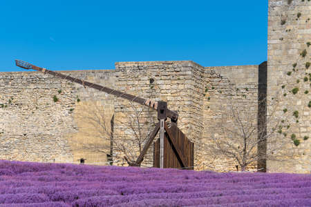 Alcala la Real in Andalucia Spain near Granada, wooden trebuchet in front of a purple lavender fieldのeditorial素材