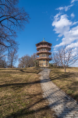 Patterson Park Pagoda During Winter in Baltimore, Maryland, USA with American Flagのeditorial素材