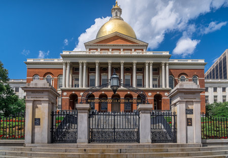 View of the Massachusetts State House with a golden dome in Boston on a sunny weekend summer afternoonのeditorial素材