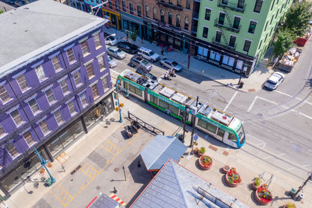 Aerial view of the green tram, light rail, city connector in inner city Cincinnatiのeditorial素材
