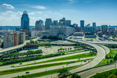 Cincinnati downtown aerial panorama from Mount Adams with crossing highways in Ohioのeditorial素材