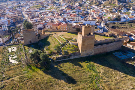 Aerial view of Guadix castle and town under the Sierra Nevada is Andalusia Spainのeditorial素材
