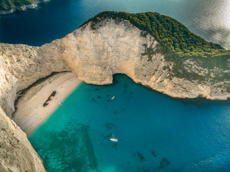 Aerial view of picture perfect calendar favorite shipwreck beach in Zakynthosの写真素材