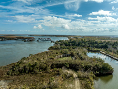 Aerial view of Fort Macomb near New Orleans, ruined historic brick fort with casemated bastions protecting access to Lake Pontchartrain in Louisiana with swing bridgeの写真素材