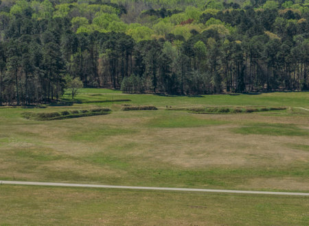 Aerial view of Yorktown revolutionary war battlefield with earthwork ramparts, siege positions, battlefield memorialの写真素材