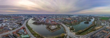 Aerial view of polygonal bastions and water filled moat protecting Copenhagen Christiania...