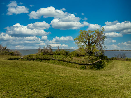 Aerial view of  the Fusiliers Redoubt, in Yorktown Virginia with pikes and dry moat. This fortification was manned by the Royal Welch Fusiliers throughout the siege.の写真素材