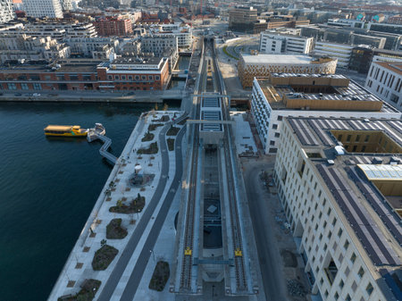 Aerial view of modern metro subway above ground end station at Orientkaj with double tracksの写真素材
