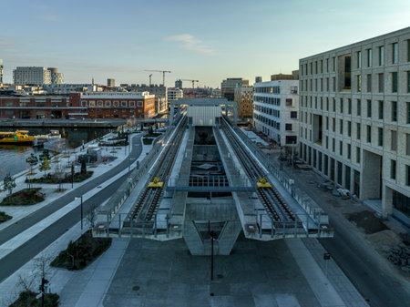 Aerial view of modern metro subway above ground end station at Orientkaj with double tracksの写真素材