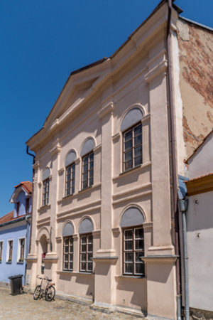 Classicist facade former synagogue building in Slavonice Czech Republicの写真素材