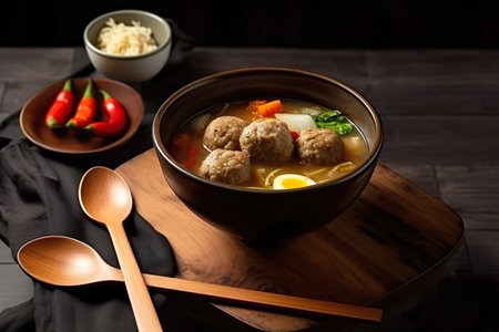 Chinese soup with meatballs and vegetables in a bowl on a wooden tableの素材