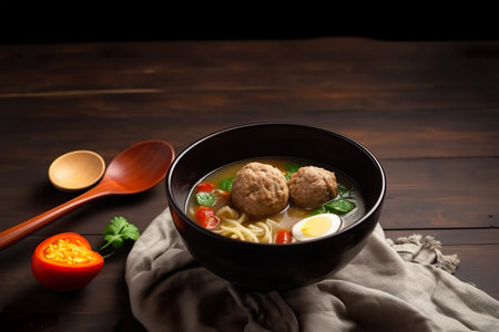 Noodles soup with meatballs in black bowl on wooden tableの素材