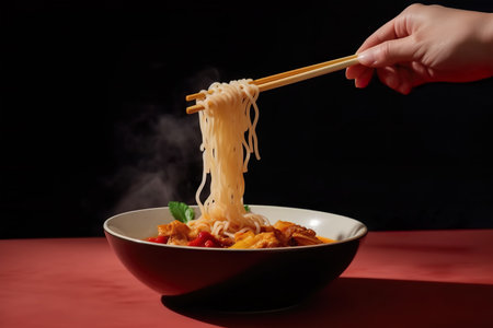 chinese noodle in a bowl with chopsticks on red backgroundの素材