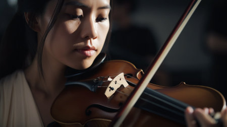 Young asian woman playing violin in the dark room, soft focusの素材