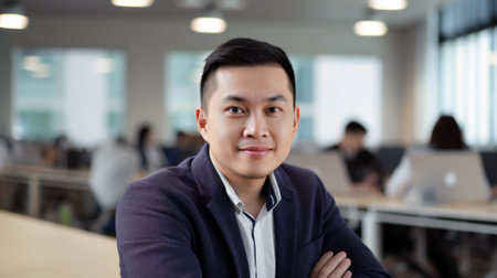 portrait of young asian business man in meeting room at modern officeの素材