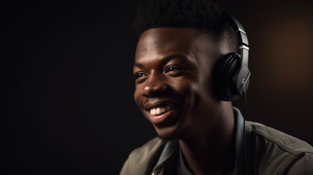 young african american man listening music with headphones on black backgroundの素材