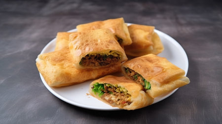 Traditional turkish baked dish pide. Turkish borek with meat fillingの素材