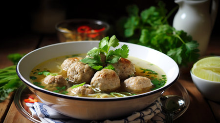 Chicken meatballs in soup with herbs and spices on a wooden tableの素材