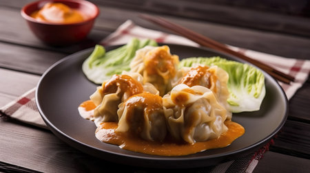 Chinese steamed dumplings with sweet and sour sauce on plateの素材