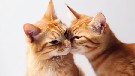 Two ginger kittens kissing each other on a white background. Close-up.の素材