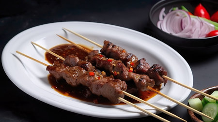 Skewers of lamb on a white plate on a black backgroundの素材