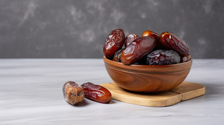 Dates fruit in a wooden bowl on a white marble table.の素材