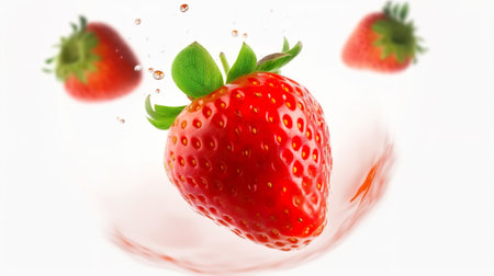 strawberry falling into the water on a white background. 3d illustrationの素材