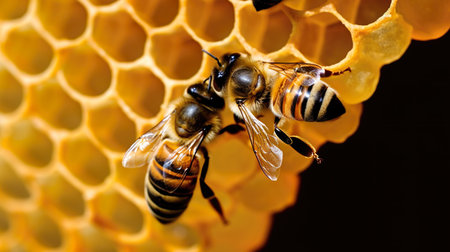 Close up view of the working bees on honeycells. Bee honeycombs.の素材