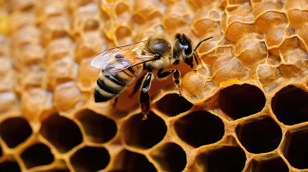 Close up view of the working bees on honeycells. Bee honeycombs.の素材