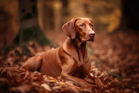 Hungarian hunter dog vizsla sitting on autumn leaves in forestの素材