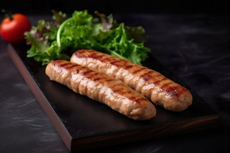 Grilled sausages on a black plate with salad leaves.の素材
