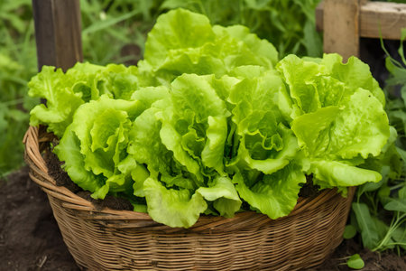 Fresh green lettuce in a basket on the ground in the garden.の素材