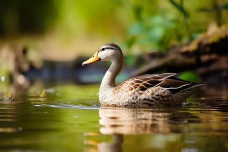 Female mallard duck (Anas platyrhynchos) swimming in a lakeの素材