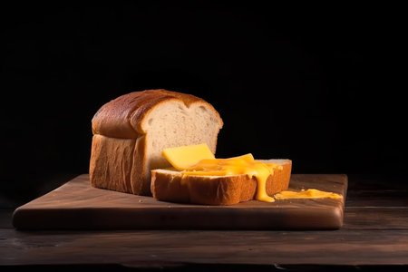 Slices of bread with butter on a wooden board. Black background.の素材