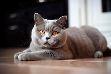 British Shorthair cat lying on the floor and looking at the cameraの素材