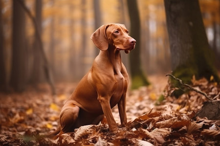 Hungarian hound dog vizsla in the autumn forest.の素材