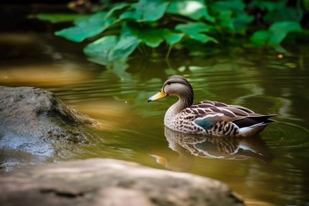 Mallard duck swimming in a pond with green leaves in the backgroundの素材