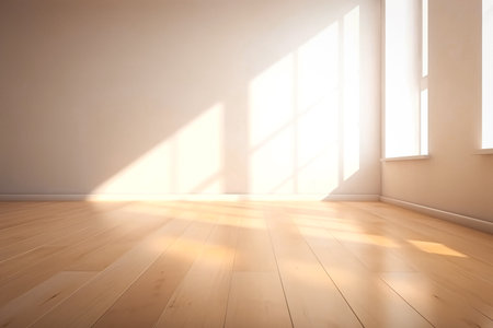 Empty room with sunlight and wooden floor. 3D Rendering.の素材