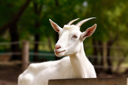 Portrait of a white goat with horns on a background of green treesの素材