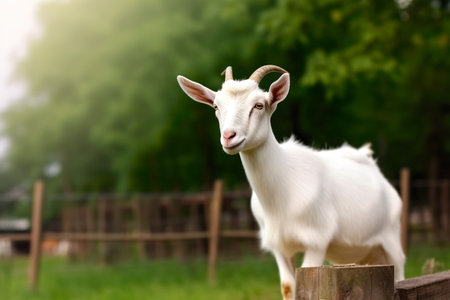 White goat standing on a fence on a farm in the summer.の素材
